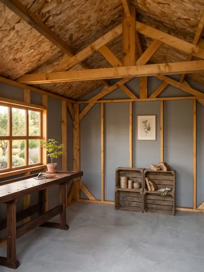 Intérieur de l'abri de jardin avec établi et fenêtre