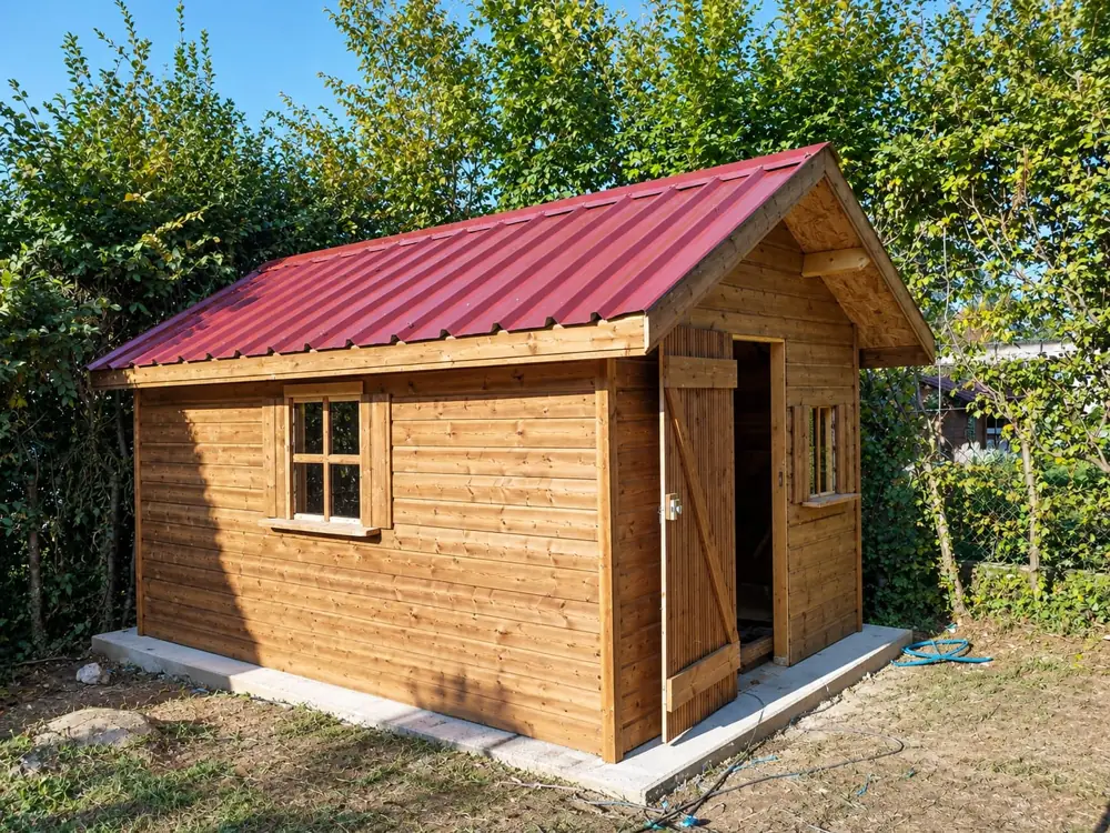 Abri de jardin en bois avec toit en tôle rouge et fenêtre à volets, vue de côté