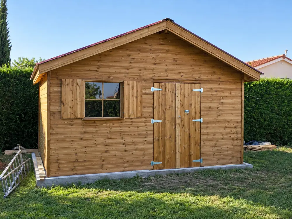 Abri de jardin en bois avec porte à double battant et fenêtre à volets