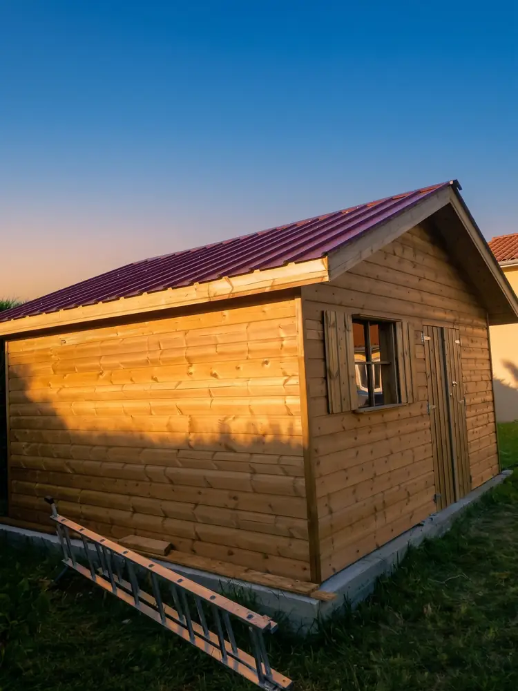 Abri de jardin en bois avec toit en tôle, porte à double battant et fenêtre à volets, au coucher du soleil