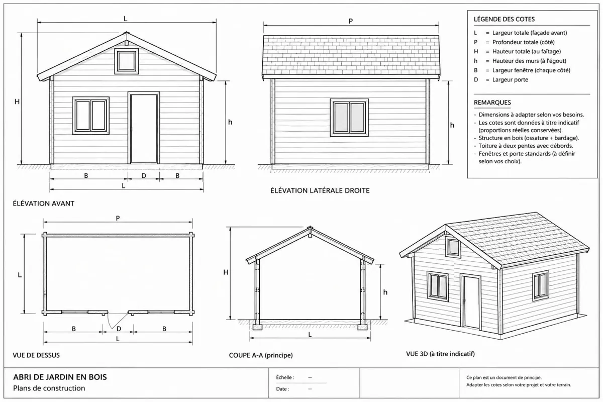 Plan de construction d'un abri de jardin en bois : façades, vue de dessus, coupe et vue 3D