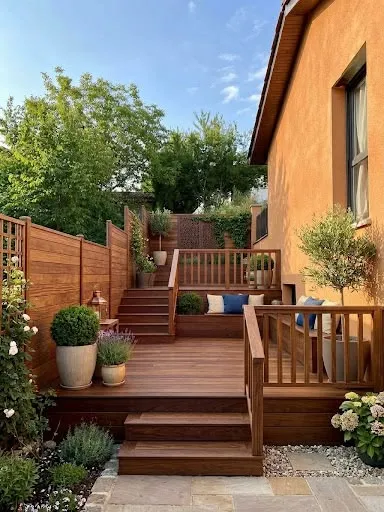 Terrasse en bois à Lissieu après les travaux, avec escalier et banc