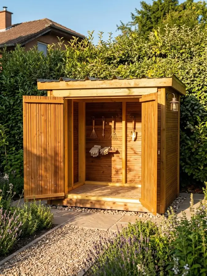 Cabane de stockage en bois, portes ouvertes