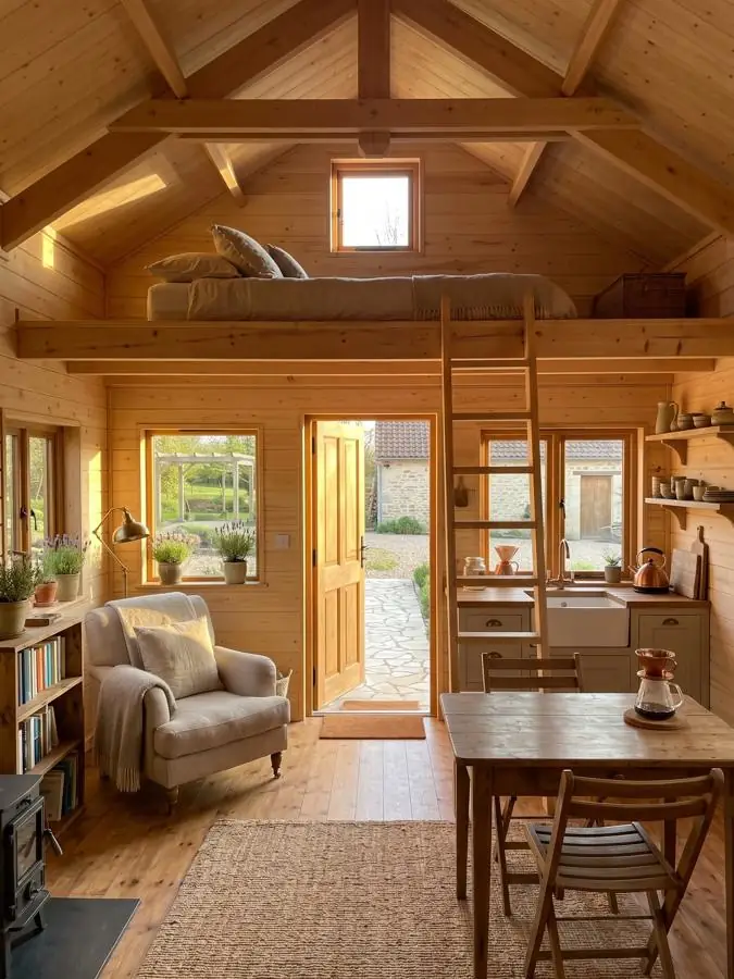 Chalet en bois, vue intérieure avec mezzanine