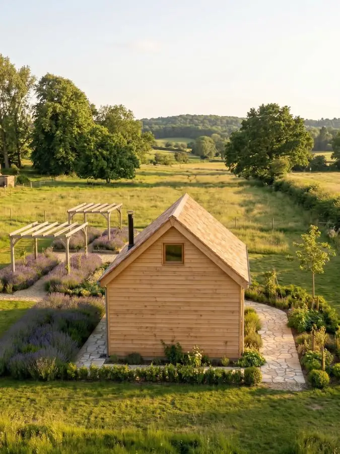 Chalet en bois dans son jardin, vue d'ensemble