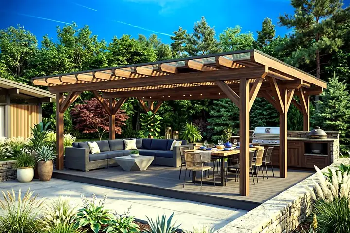 Pergola en bois au-dessus d'une terrasse