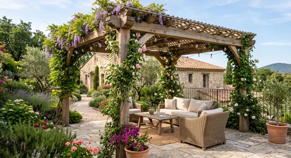 Pergola en bois couverte de glycine et de rosiers, au-dessus d'un salon de jardin