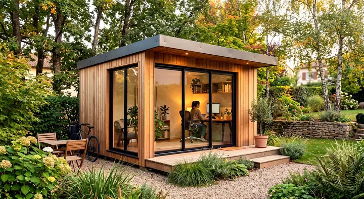 Studio de jardin en bois avec grandes baies vitrées