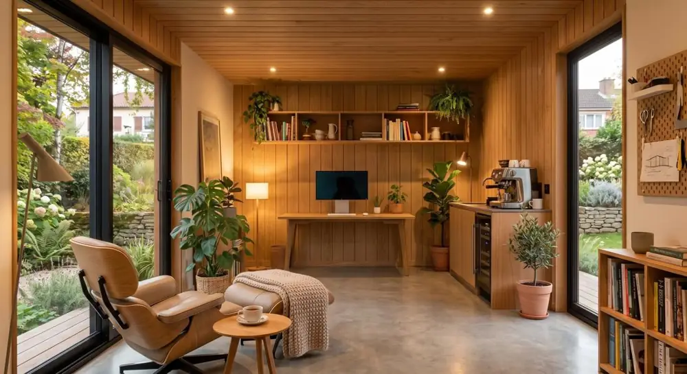Intérieur du studio de jardin avec bureau, coin lecture et baies vitrées