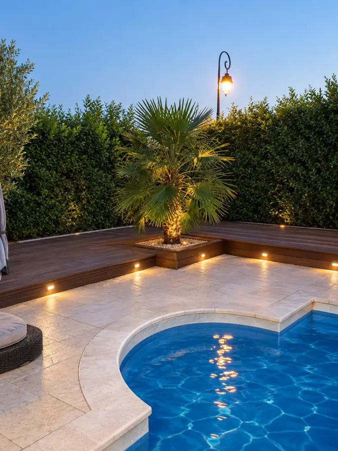 Terrasse en bois illuminée le soir au bord d'une piscine, avec palmier