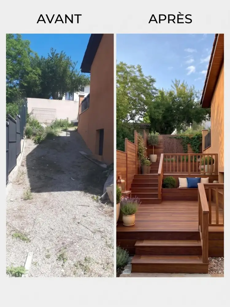 Terrasse en bois avec escalier, avant et après